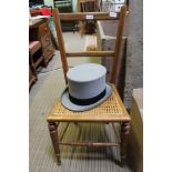 A GREY FINISHED TOP HAT, sized 7 3/8" also includes a bergere seated double bar back single chair