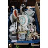 A SMALL PLASTIC CRATE CONTAINING POTTERY & PORCELAIN to include Staffordshire figurines