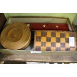 SMALL BOX CONTAINING COLLECTABLES to include chess sets, Oriental chop sticks, cased wooden examples