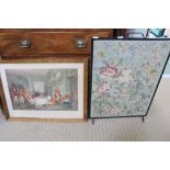 A 19TH CENTURY COLOURED HUNTING BREAKFAST PRINT together with a metal framed wool work tapestry fire