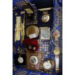 A SMALL CRATE WRIST & POCKET WATCHES, costume jewellery, coins, brooches, etc