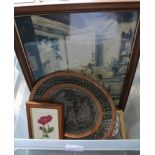 A CRATE CONTAINING PICTURES & PRINTS together with a metal wall plaque