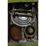 A BOX OF DOMESTIC METALWARES to inlclude pewter plates, brass candlesticks, etc