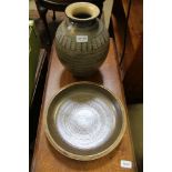 TWO PIECES OF WELL MADE STUDIO POTTERY, one incised vase, the other a coiled bowl