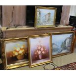 FOUR ORIGINAL CANVAS ARTWORKS two floral still lifes ad two Parisian street scenes, each in fancy
