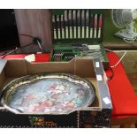 A DECORATIVE METAL OVAL TRAY together with an oak canteen of cutlery various