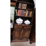 A SMALL PROPORTIONED OAK FINISHED ARCH TOPPED DRESSER UNIT with triple shelved back, the base unit