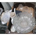 A BOX CONTAINING A GLASS PUNCH SET together with a part Meakin studio coffee service, etc.