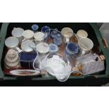 A BOX CONTAINING A SELECTION OF DOMESTIC GLASS & POTTERY to include; Wedgwood jasperware,