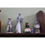 A DOULTON FIGURE TITLED SILKS & RIBBONS, together with three Spanish porcelain figurines