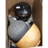 A BOX CONTAINING A TURNED WOODEN BOWL together with some studio pottery examples