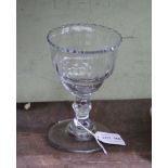 A LATE 18TH CENTURY SWEETMEAT GLASS, shaped rim, facet cut body, cut stem on domed circular platform