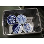 A CRATE CONTAINING BLUE & WHITE PLATES