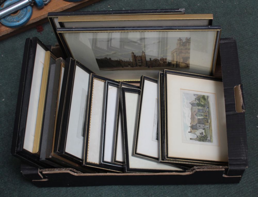 A BOX CONTAINING A SELECTION OF COLOURED ENGRAVINGS appertaining to the local area