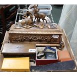A BOX CONTAINING A GOOD SELECTION OF USEFUL DOMESTIC & COLLECTABLE ITEMS to include a carved Black