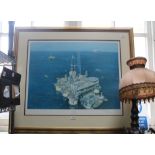 A SIGNED TERENCE CUNEO PRINT OF AN OIL PLATFORM named 'Tension Leg Platform'