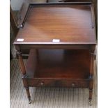 A REPRODUCTION MAHOGANY SQUARE TOPPED TWO-TIER LAMP TABLE fitted with a single drawer