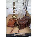 A BOX CONTAINING A T. FRENCH & SON LTD LONDON 1916 BINOCULARS, candlestick, etc.