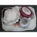 A DECORATIVE TIN TRAY CONTAINING A SELECTION OF PREDOMINANTLY 19TH CENTURY POTTERY & PORCELAIN to