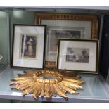 A SUNBURST DESIGN MIRROR together with three pictures