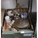 A BOX CONTAINING BRASS CANDELABRUM, STONEWARE LIDDED TUREENS, vases Imari plates, etc.