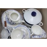 A BOX CONTAINING A SELECTION OF DOMESTIC POTTERY the majority blue & white and for the table top