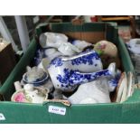 A BOX OF DOMESTIC PORCELAIN to include a pair of blue & white model dogs, in Staffordshire style