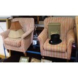 A PAIR OF MODERNIST CHENILLE STRIPE UPHOLSTERED ARMCHAIR on show wood legs, retailed through Marks &