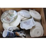 A BOX CONTAINING A SELECTION OF DOMESTIC CROCKERY to include novelty sauce pots