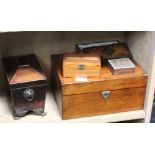 A SELECTION OF BOXES, SARCOPHAGUS SHAPED TEA CADDY, and others