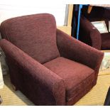 A MODERN AUBERGINE CHENILLE UPHOLSTERED TWO PIECE LOUNGE SUIT, comprising three-seater sofa, and