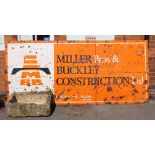 A VINTAGE PRINTED TWO-PIECE IRON SIGN bearing the legend 'Miller Brothers & Buckley Construction