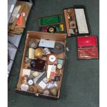 A BOX CONTAINING A SELECTION OF DOMESTIC ITEMS VARIOUS to include a wooden figure, etc.