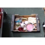 A BOX CONTAINING SILVER PLATED AND PORCELAIN ITEMS VARIOUS, to include Maling and Beswick