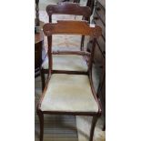 A PAIR OF MAHOGANY FINISHED REGENCY DESIGN SINGLE CHAIRS, with fancy scrolling crest rail, and