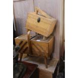 A WOODEN CANTILEVER SEWING BOX plus contents, together with a wooden shoe shine box, plus contents