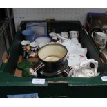 A BOX CONTAINING A SHELLEY COFFEE SERVICE, a Wedgwood teapot, Doulton figurines and Clarice Cliff