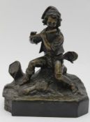 A LATE 19TH CENTURY CONTINENTAL BRONZE FIGURE, a peasant boy sat on the bank of a stream, playing