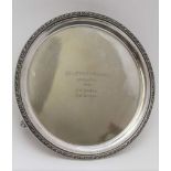 JAMES DIXON & SONS LTD., A SILVER SALVER, acanthus leaf rim, on three scroll feet, Sheffield 1939,