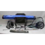 A SELECTION OF EQUIPMENT to include a fishing seat, keep nets, rod rests, waders, etc
