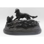 AFTER MENE, A BRONZE SCULPTURE OF GUN DOGS & A GAME BIRD, raised on a polished marble base, 40cm