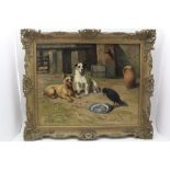 J.PETHYBRIDGE 'Fleeced' (terriers in a farmyard with crow) oil painting on canvas, signed 39cm x