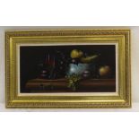 MIKE WOODS (1967 - 2003) 'Still life Fruit, In the Dutch Manner', oil painting on canvas, signed,