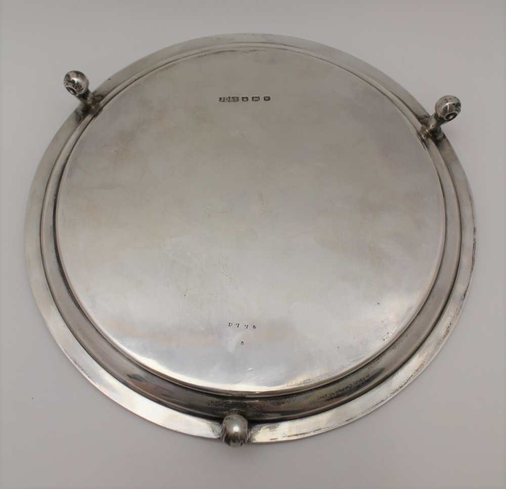 JAMES DIXON & SONS LTD., A SILVER SALVER, acanthus leaf rim, on three scroll feet, Sheffield 1939, - Image 3 of 4