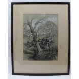 ANN EARLY 20TH CENTURY CHARCOAL & WATERCOLOUR DRAWING 'Point to Point Race', includes a lady's