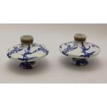 A PAIR OF PORCELAIN SQUAT FORM VASES, blue transfer bird & sprig decoration, gilded neck c.1910,