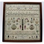 AN 18TH CENTURY NEEDLEWORK SAMPLER, decorated with Adam & Eve in the garden of Eden, various text,