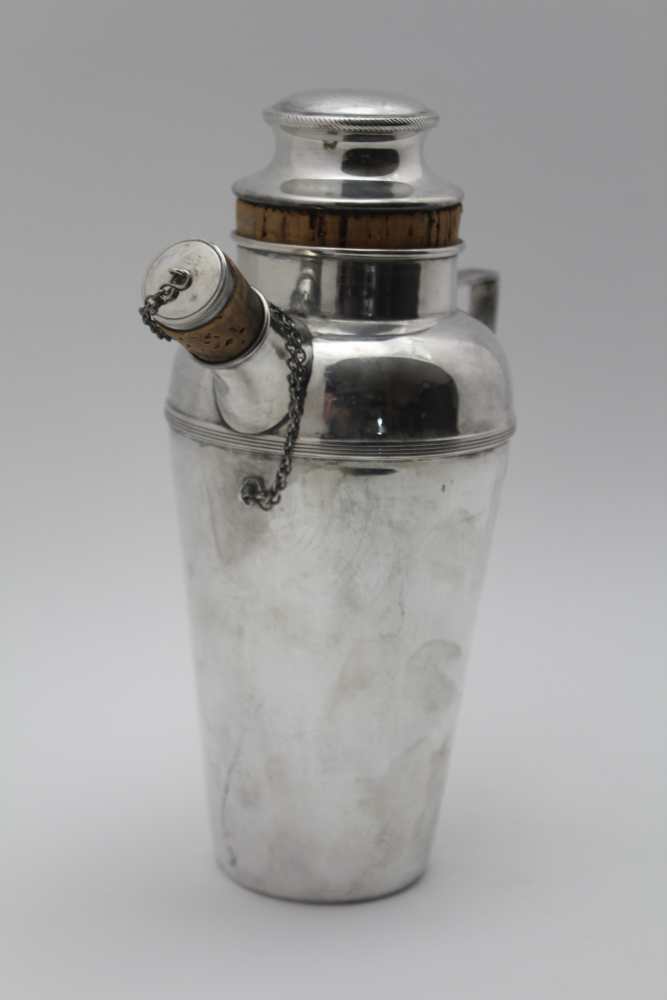 A JAMES DIXON & SONS SILVER PLATED COCKTAIL SHAKER, with handle & cork stoppers, stamped factory