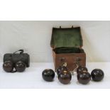 TWO LIGNUM BOWLING BALLS in a leather case, one bears presentation inscription, 'Red Horse Bowling