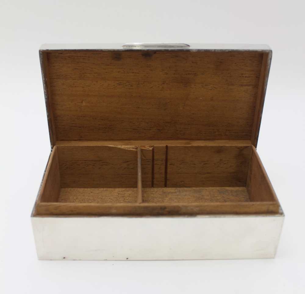 D.BROS, A SILVER CIGARETTE BOX, engine turned hinged lid, cedar wood lined, 16.5cm x 8.5cm x 5cm, - Image 2 of 4